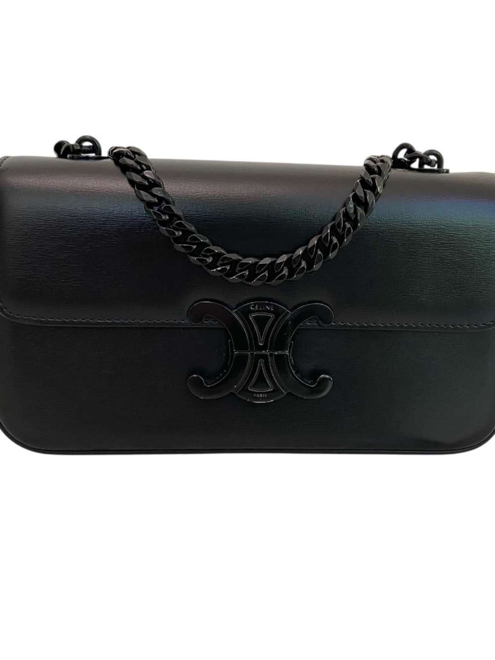Auth Celine Leather Black on Black Triomphe Bag Chain Strap Black Metal Hardware